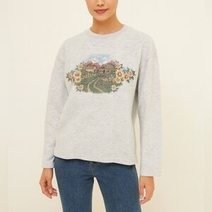90's Gray Sweatshirt with Floral and Landscape Design